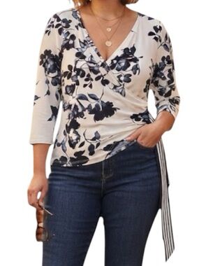 MICHAEL TYLER Ivory Floral Wrap Blouse Top Corporate Sleek Officecore XL NWT